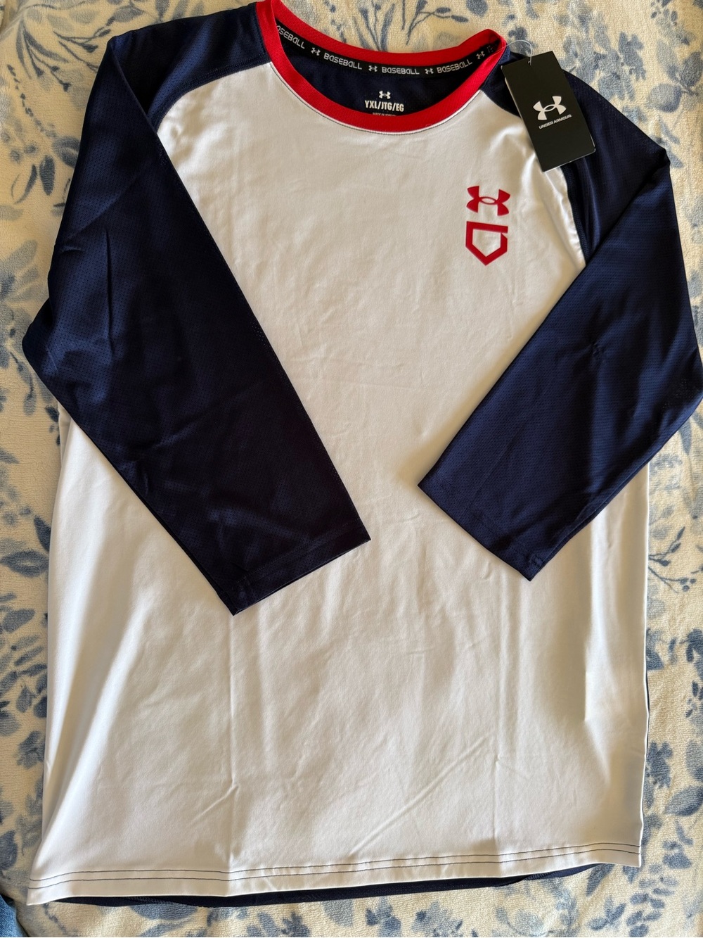 Under Armour White Navy Long Sleeve Raglan Tee with Red Trim YXL